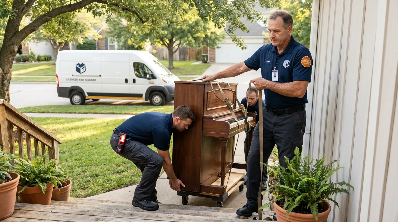 Licensed piano movers securing grand piano in Bryn Athyn, PA