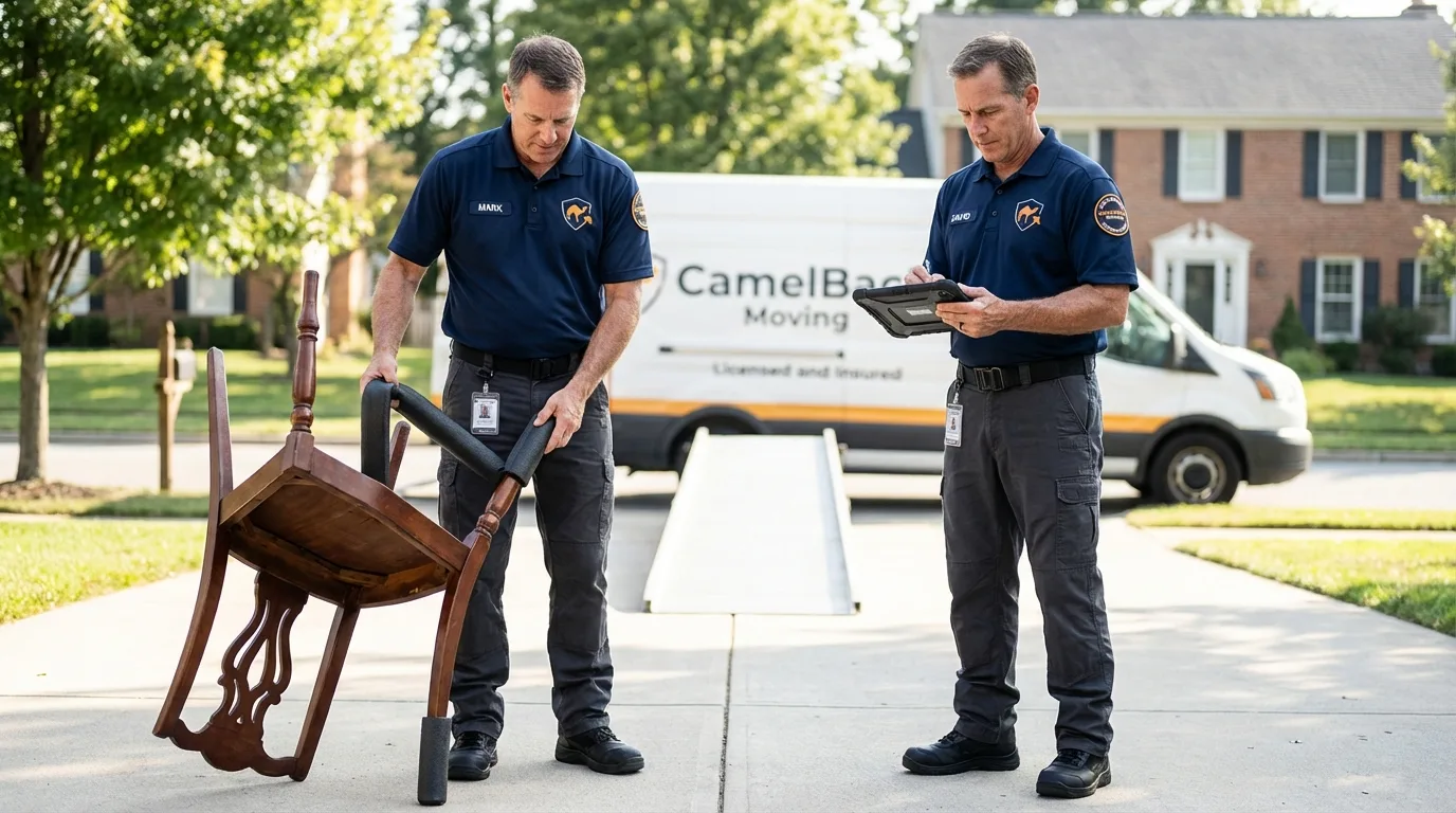 Movers inspecting furniture for damage prevention before loading in Bryn Athyn, PA