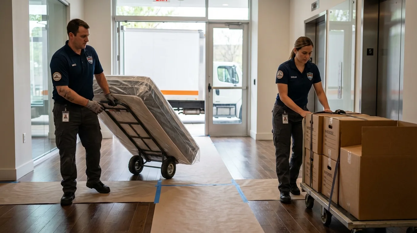 Professional apartment movers loading elevator in Bryn Athyn, PA